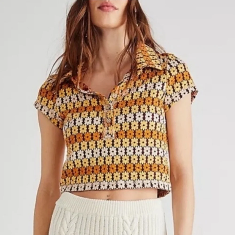 Free People Babe Town Tee Daisy Crop Polo Brown Combo Hippie Summer Girlie